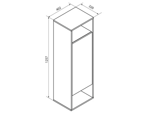 Skizze eines Schranks mit den Maßen 1257 x 402 x 320 Millimeter.