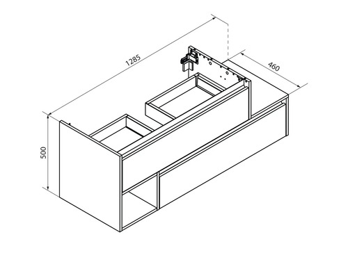 Schéma d''un meuble sous-vasque avec les dimensions 1285 x 460 x 500 millimètres.