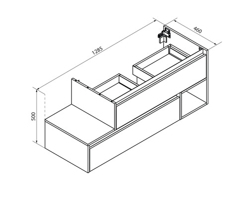 Dessin technique d''un meuble sous-lavabo avec tiroirs et indications de dimensions.
