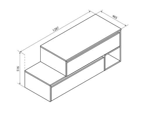 Dessin technique d''un meuble sous-lavabo avec tiroirs et compartiments ouverts avec dimensions.