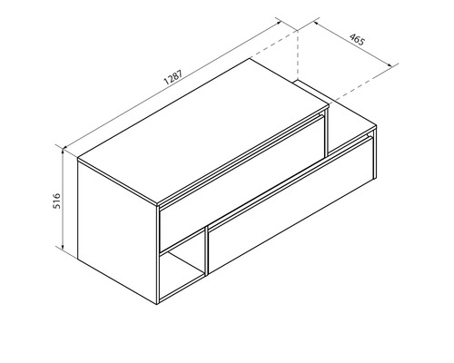 Dessin d''un meuble sous-vasque de dimensions 1287 x 516 x 465 millimètres.