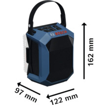 Radio de chantier Bosch avec des dimensions de 162 mm de hauteur, 97 mm de largeur et 122 mm de profondeur.