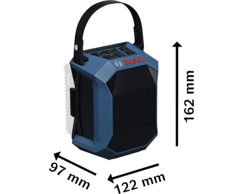 Radio de chantier Bosch avec des dimensions de 162 mm de hauteur, 97 mm de largeur et 122 mm de profondeur.