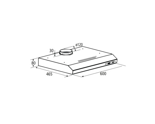 Schéma technique d'une hotte aspirante avec dimensions