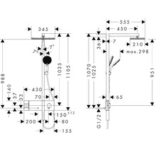 Maßzeichnung einer Duscharmatur mit verschiedenen Abmessungen