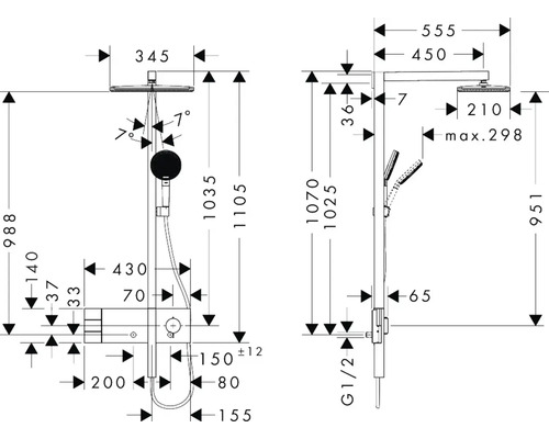 Maßzeichnung einer Duscharmatur mit verschiedenen Abmessungen