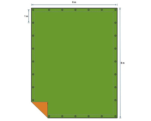 Planenübersicht mit den Maßen sechs mal acht Meter und Ösen