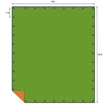 Illustration d'une bâche rectangulaire avec des œillets et des dimensions de 8 mètres sur 10 mètres.