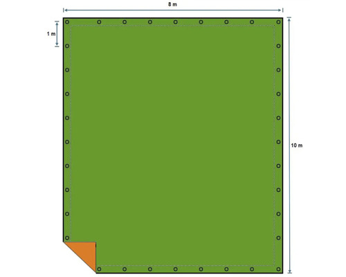 Illustration einer rechteckigen Plane mit Ösen und den Maßen 8 Meter mal 10 Meter.