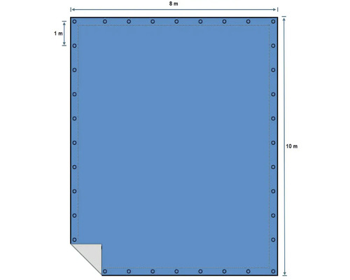 Image d'une couverture de piscine rectangulaire avec des œillets et des dimensions de 8 mètres sur 10 mètres.