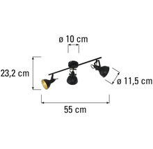 Plafonnier avec trois spots et indications de taille