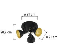 Plafonnier avec trois spots et indications de dimensions