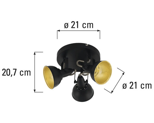 Plafonnier avec trois spots et indications de dimensions