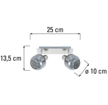 Deckenleuchte mit zwei Strahlern und den Maßen 25 cm Breite, 13,5 cm Höhe und 10 cm Durchmesser