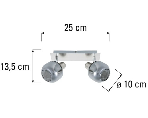 Deckenleuchte mit zwei Strahlern und den Maßen 25 cm Breite, 13,5 cm Höhe und 10 cm Durchmesser