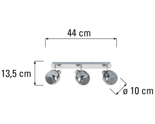 Plafonnier avec trois spots et indications de dimensions