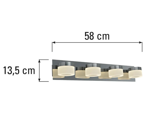 Dimensions d'un luminaire de salle de bains : 58 centimètres de large et 13,5 centimètres de haut.