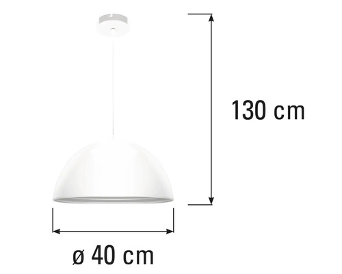 Lampe suspendue d'un diamètre de 40 cm et d'une hauteur de 130 cm.