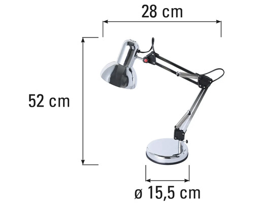 Skizze einer Schreibtischlampe mit den Maßen 28, 52 und 15,5 Zentimeter
