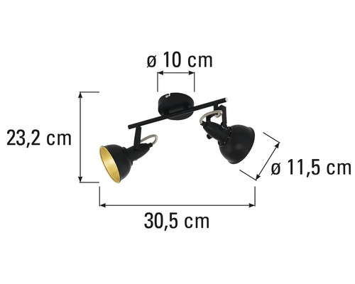 Abmessungen einer schwarzen Deckenleuchte mit zwei Strahlern.