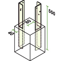 Illustration d'un support de poteau avec les dimensions 550, 80 et 40.