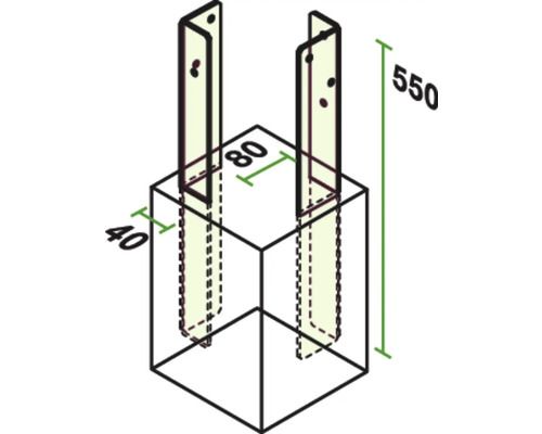 Illustration d'un support de poteau avec les dimensions 550, 80 et 40.