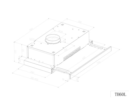 Technische Zeichnung einer Dunstabzugshaube mit Maßangaben