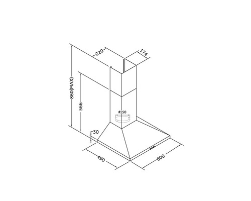 Schéma technique d'une hotte aspirante avec dimensions