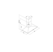 Technische Zeichnung einer Dunstabzugshaube mit Maßangaben