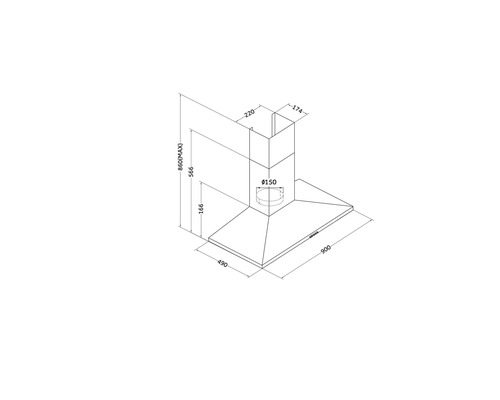 Technische Zeichnung einer Dunstabzugshaube mit Maßangaben