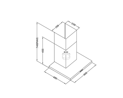 Technische Zeichnung einer Dunstabzugshaube mit Maßangaben