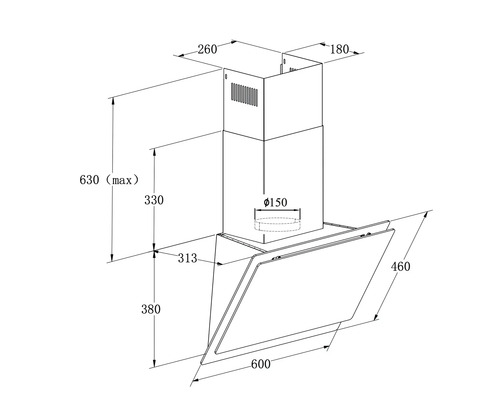 Technische Zeichnung einer Dunstabzugshaube mit Maßangaben
