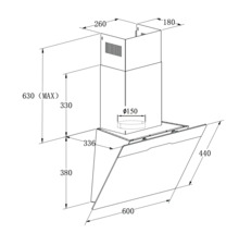 Schéma technique d'une hotte aspirante avec dimensions