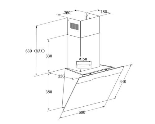 Schéma technique d'une hotte aspirante avec dimensions