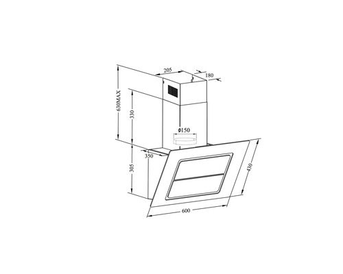 Dessin technique d'une hotte aspirante avec indications de dimensions