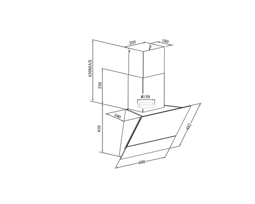 Technische Zeichnung einer Dunstabzugshaube mit Maßangaben