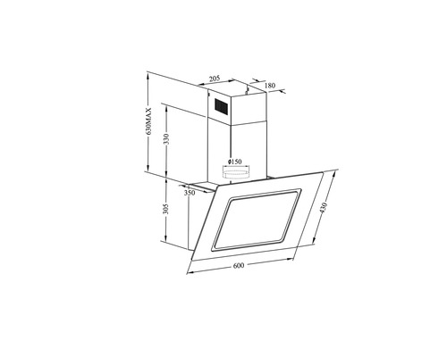 Technische Zeichnung einer Dunstabzugshaube mit Maßangaben