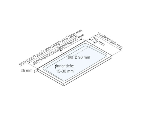 Schéma technique d'un receveur de douche avec dimensions