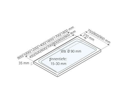 Dessin technique d'un receveur de douche avec indications de dimension