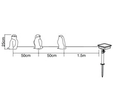 Illustration d'une guirlande lumineuse avec trois pingouins, chacun de 25 cm de haut et espacés de 50 cm, avec une distance de 1,5 m jusqu'au panneau solaire avec piquet de terre