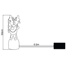 Schéma d'une figurine de renne de 53 centimètres avec une guirlande lumineuse et un câble d'alimentation de 0,5 mètre