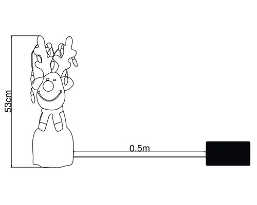 Schéma d'une figurine de renne de 53 centimètres avec une guirlande lumineuse et un câble d'alimentation de 0,5 mètre