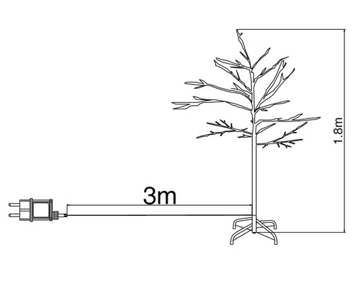 Schéma technique d'un arbre LED de 1,8 mètre de haut avec une longueur de câble d'alimentation de 3 mètres.