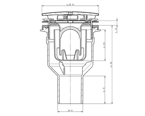 Technische Zeichnung eines Bodenablaufs mit Maßangaben