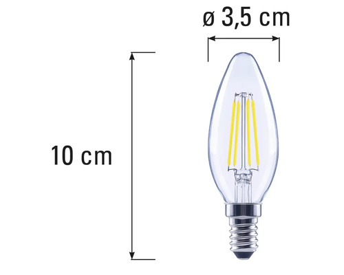 Abmessungen einer LED Leuchte in Kerzenform mit E14 Sockel, 10 cm Länge und 3,5 cm Durchmesser