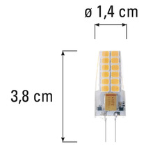 Ampoule LED G4 avec des dimensions de 3,8 cm de long et 1,4 cm de diamètre