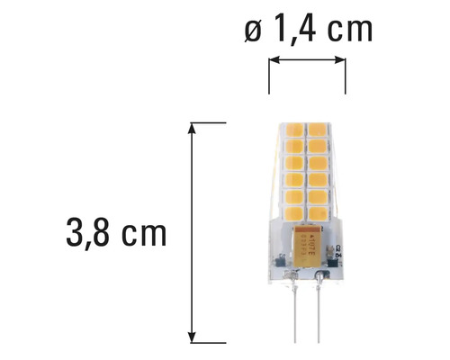 G4 LED Leuchtmittel mit den Maßen 3,8 cm Länge und 1,4 cm Durchmesser