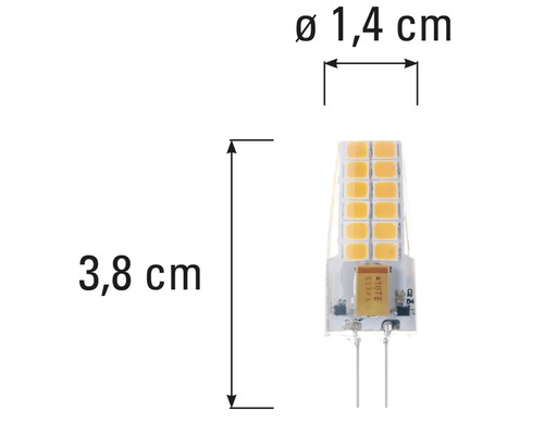 G4 Leuchtmittel mit den Maßen 3,8 cm Länge und 1,4 cm Durchmesser