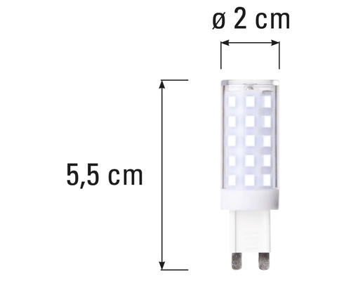 G9 LED Lampe mit den Maßen 5,5 cm Länge und 2 cm Durchmesser