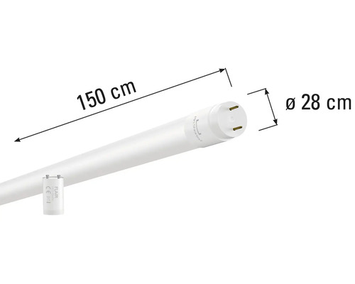 Lange, schlanke LED Röhre mit den Maßen 150 mal 28 Zentimeter.